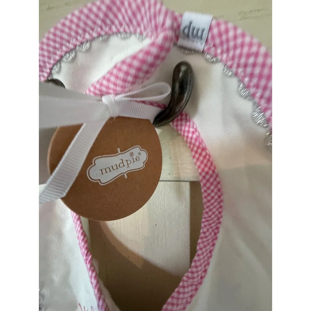 Mud Pie My First Christmas Reindeer Baby Bib Pink Gingham Minky Dot NWT